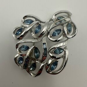 Vtg Coro Silver Tone Brooch Pin Blue Rhinestone Leaf Swirl Large Crystal Signed